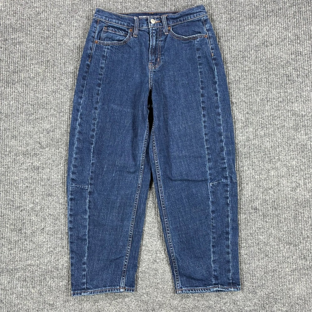 Old Navy Womens 4 Mid Rise Barrel Leg Jeans Blue Denim Baggy Stretch Cropped